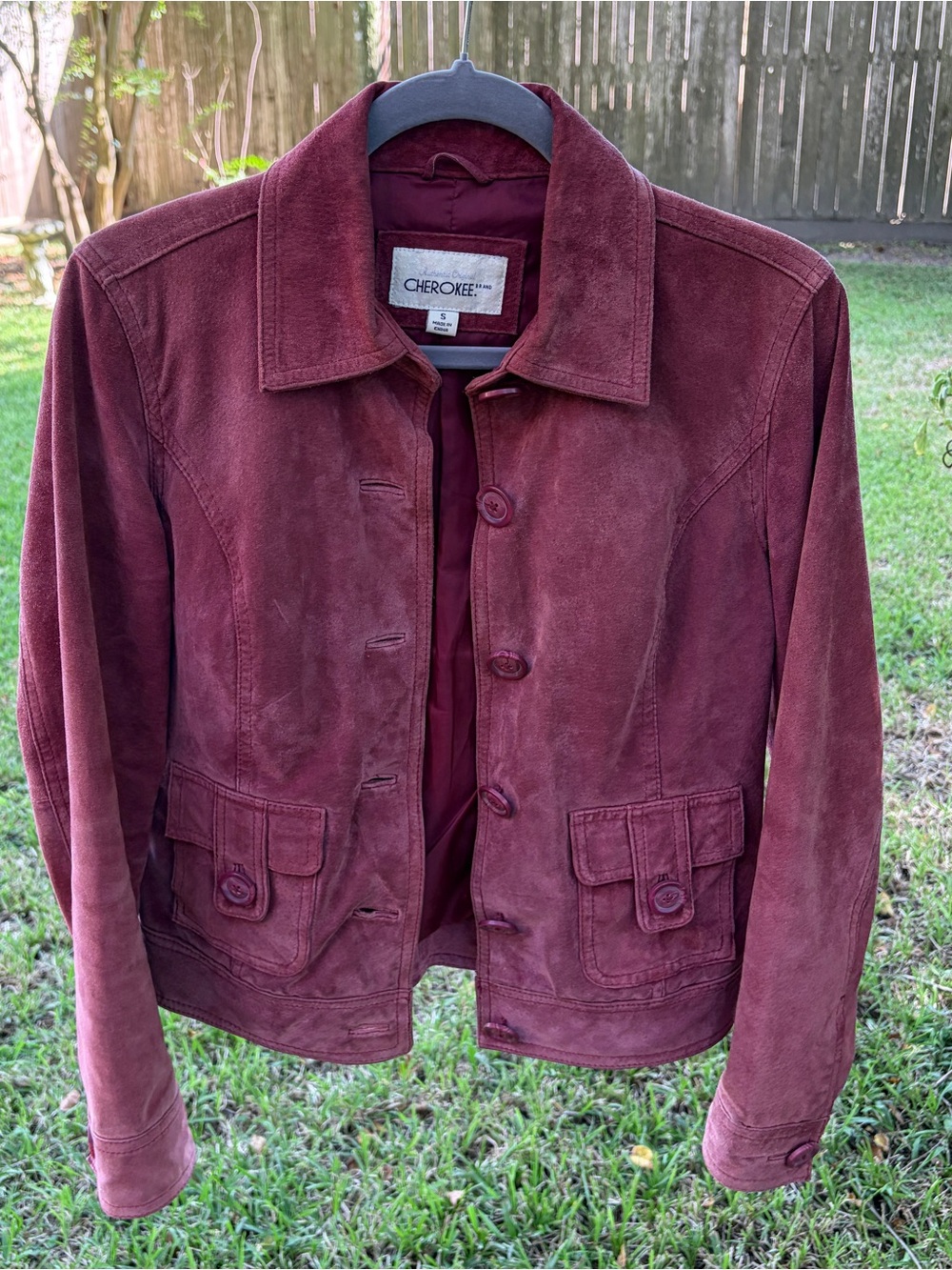 Vintage Y2K Cherokee Suede Leather Jacket Burgundy Womens SZ S Western Boho